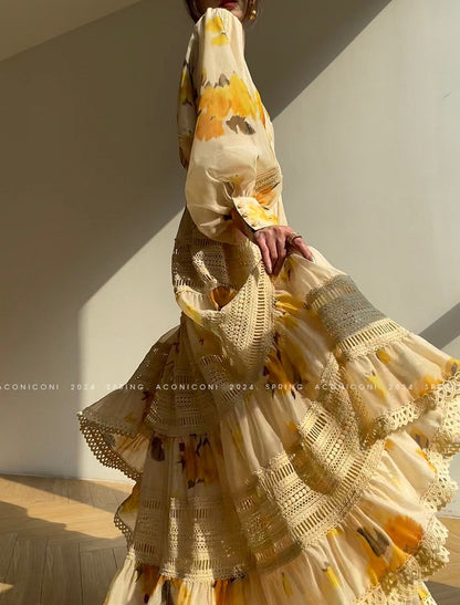 Aconiconi｜Lemon Blossom Printed Lace Skirt Suit