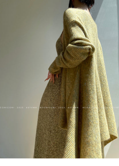 Aconiconi｜Late autumn evening wool knitted suspender dress & cardigan