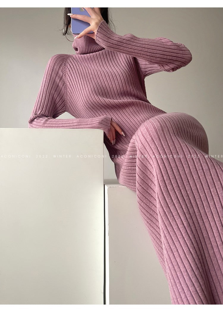 Aconiconi｜ Turtleneck and V-neck Knitted Long Slim Fit Dress