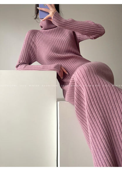 Aconiconi｜ Turtleneck and V-neck Knitted Long Slim Fit Dress