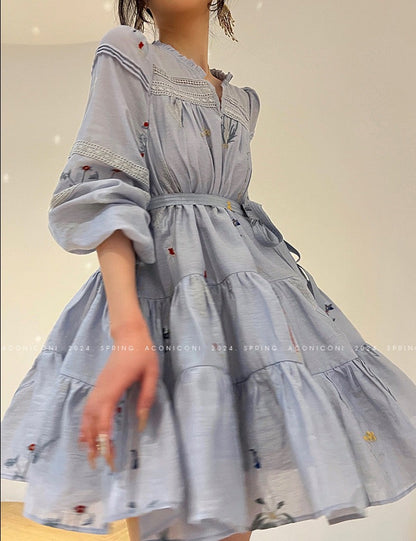 Aconiconi｜Blue Hibiscus  Embroidery Linen Dress
