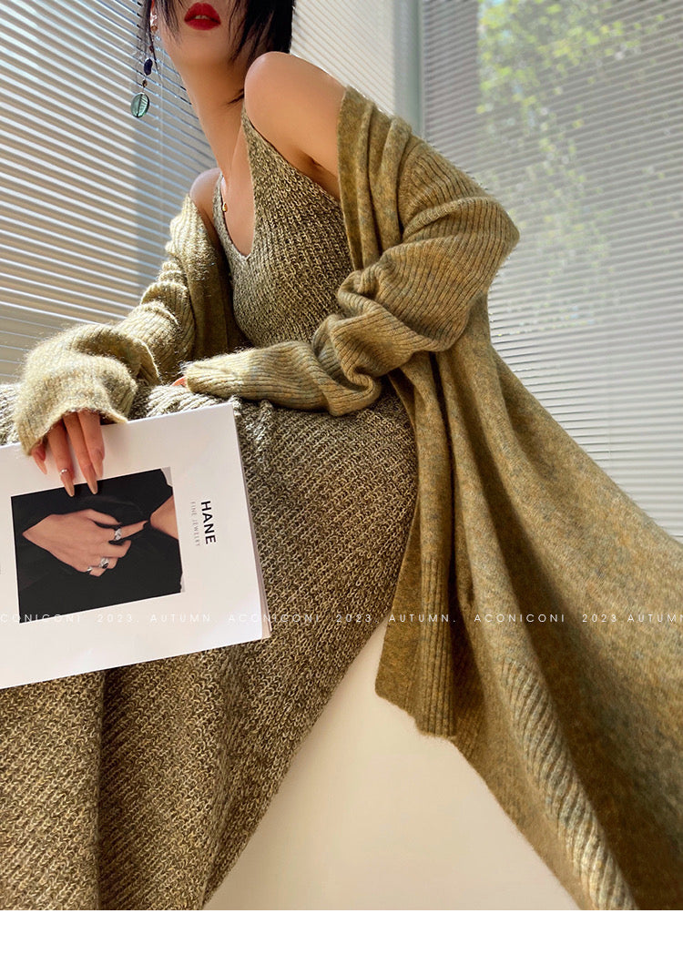 Aconiconi｜Late autumn evening wool knitted suspender dress & cardigan