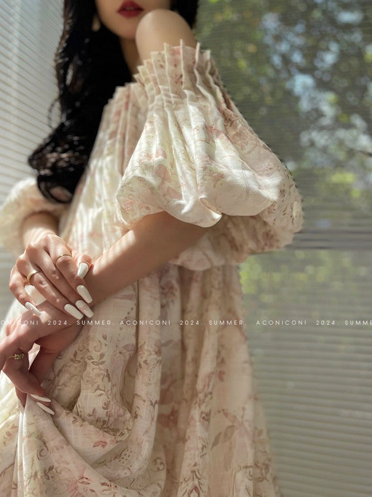 Aconiconi｜ French Retro Print Off-Shoulder Long Dress