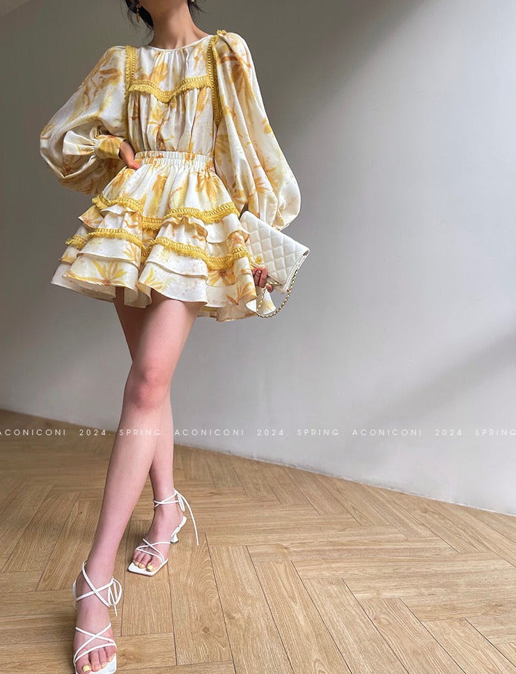 Aconiconi｜Mustard Flower ruffled skirt suit