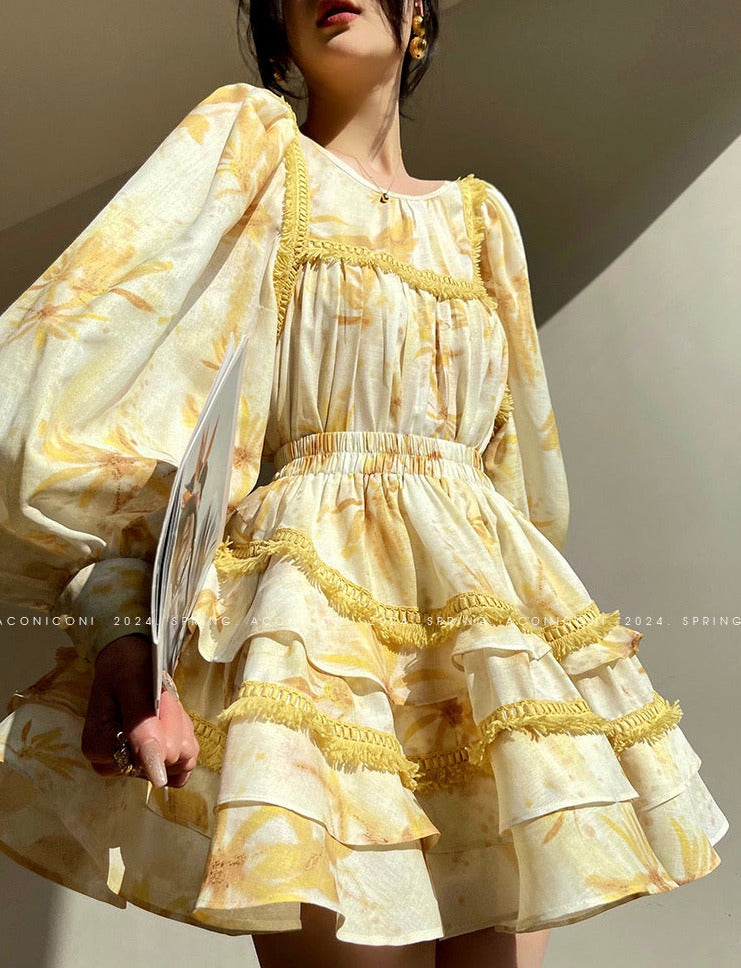 Aconiconi｜Mustard Flower ruffled skirt suit
