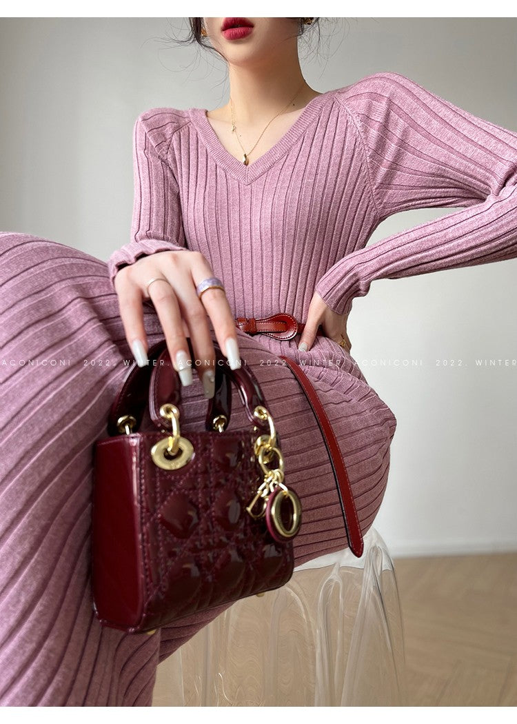 Aconiconi｜ Turtleneck and V-neck Knitted Long Slim Fit Dress