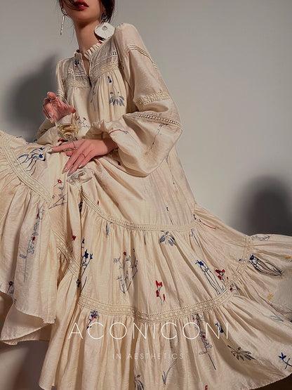 Aconiconi｜Blue Hibiscus  Embroidery Linen Dress