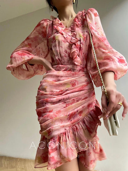 Aconiconi | Vivid Floral V-neck Ruffle Dress