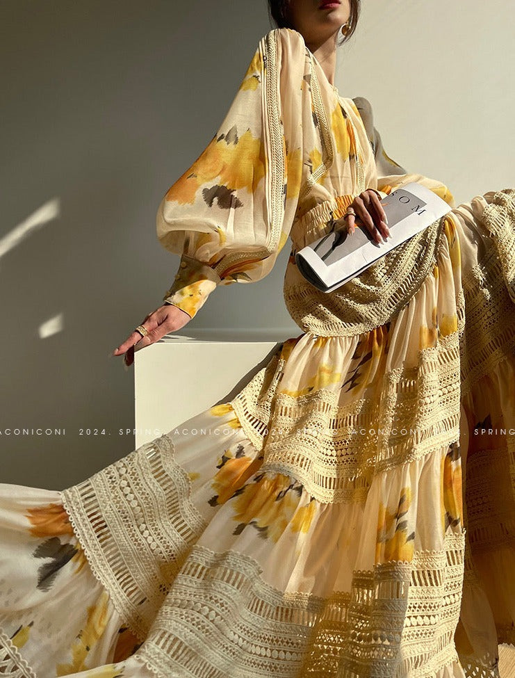 Aconiconi｜Lemon Blossom Printed Lace Skirt Suit