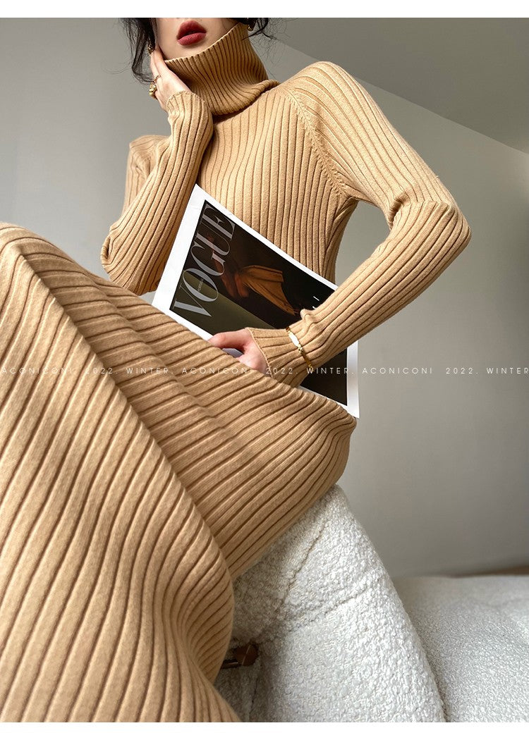 Aconiconi｜ Turtleneck and V-neck Knitted Long Slim Fit Dress