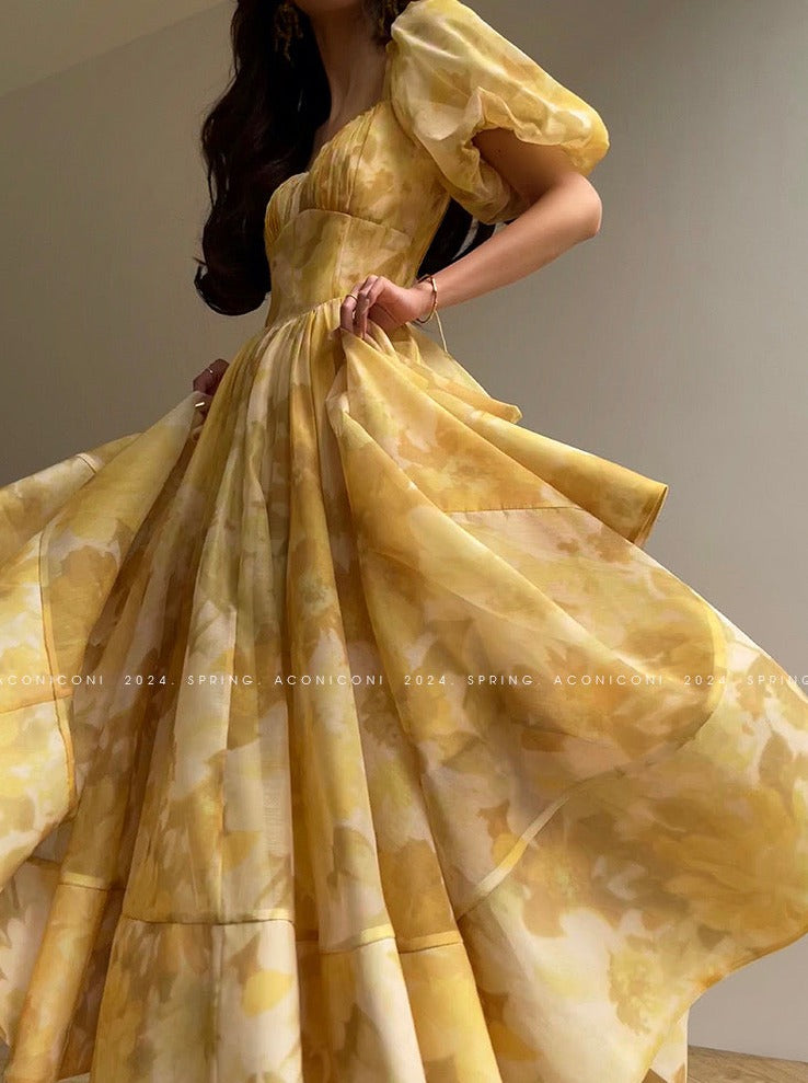 Aconiconi｜Midsummer Citron Puff Sleeve Elegant Dress