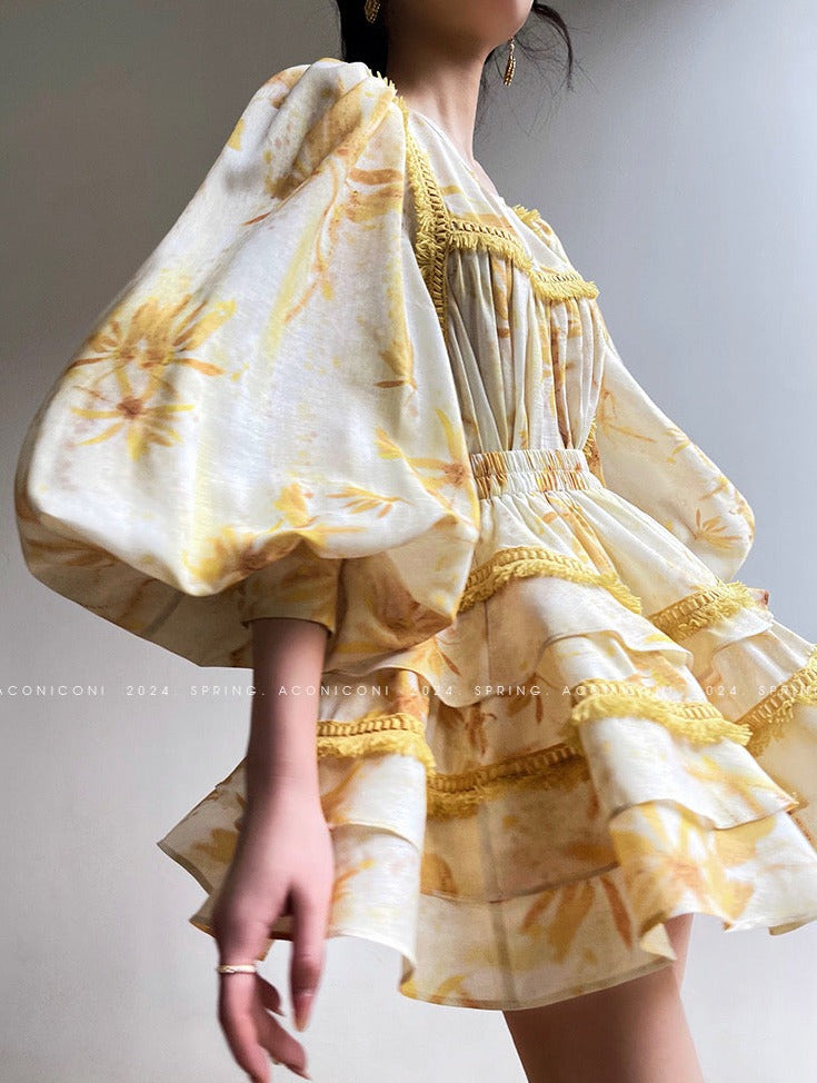 Aconiconi｜Mustard Flower ruffled skirt suit