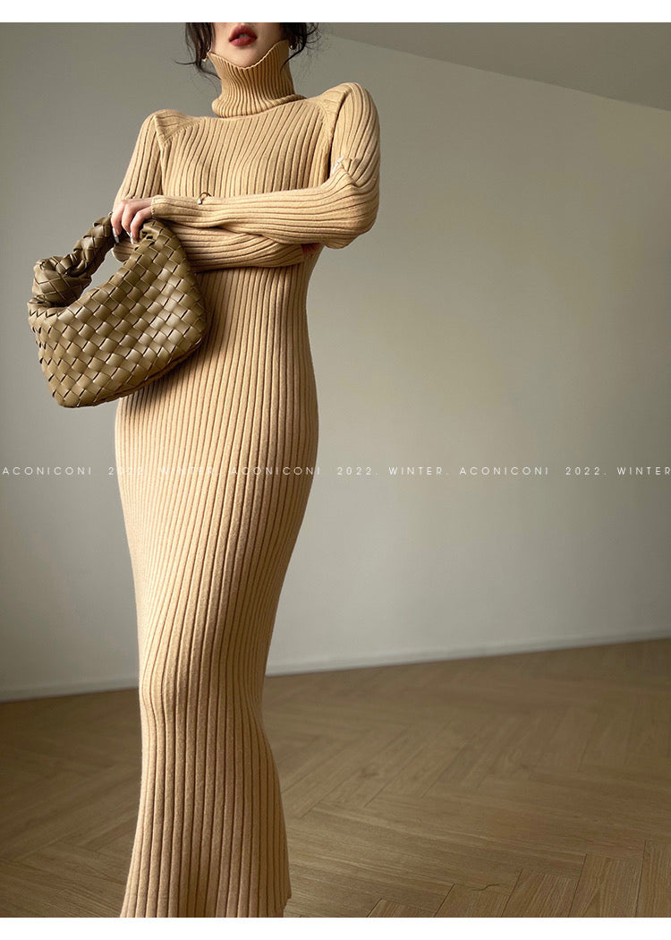 Aconiconi｜ Turtleneck and V-neck Knitted Long Slim Fit Dress