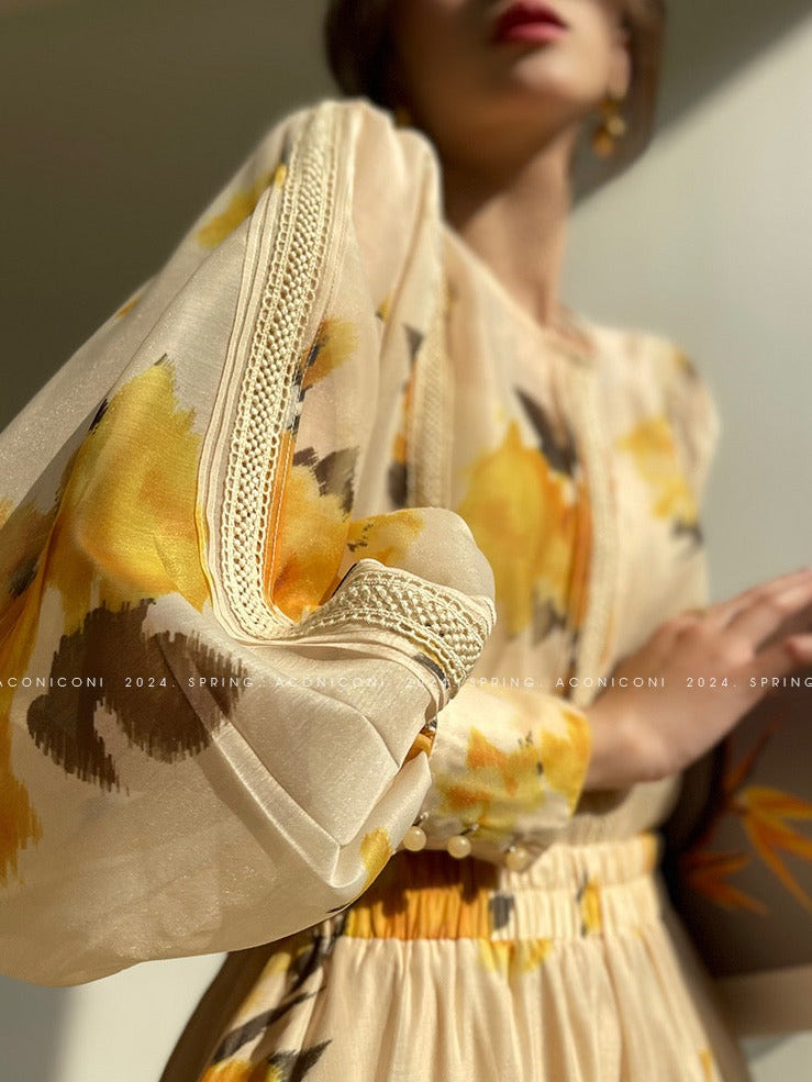 Aconiconi｜Lemon Blossom Printed Lace Skirt Suit