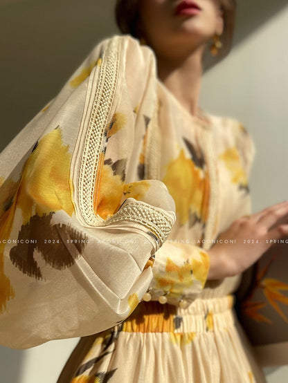 Aconiconi｜Lemon Blossom Printed Lace Skirt Suit