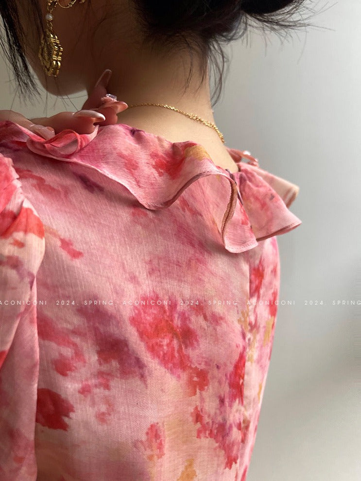 Aconiconi | Vivid Floral V-neck Ruffle Dress