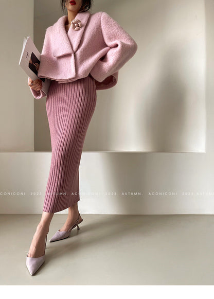 Aconiconi｜ Turtleneck and V-neck Knitted Long Slim Fit Dress