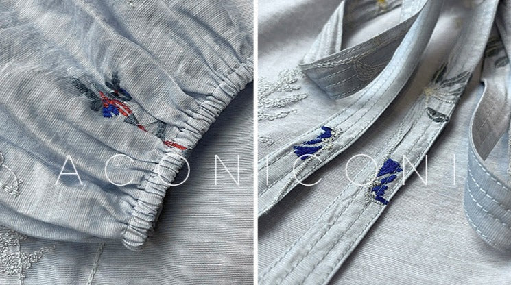 Aconiconi｜Blue Hibiscus  Embroidery Linen Dress