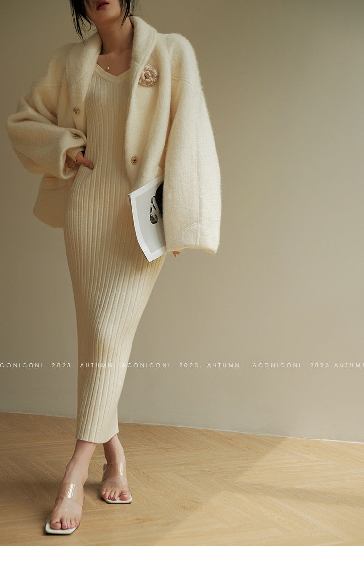 Aconiconi｜ Turtleneck and V-neck Knitted Long Slim Fit Dress