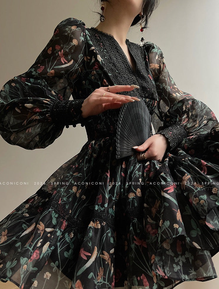 Aconiconi | Nighttime Rose French Retro Dress