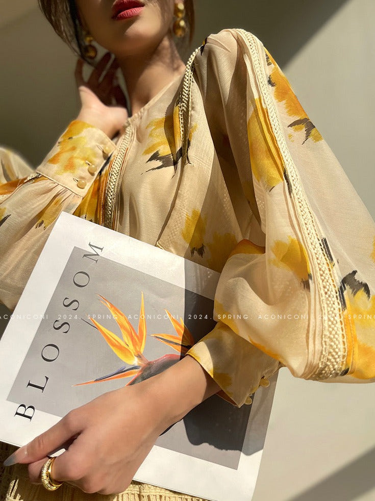 Aconiconi｜Lemon Blossom Printed Lace Skirt Suit