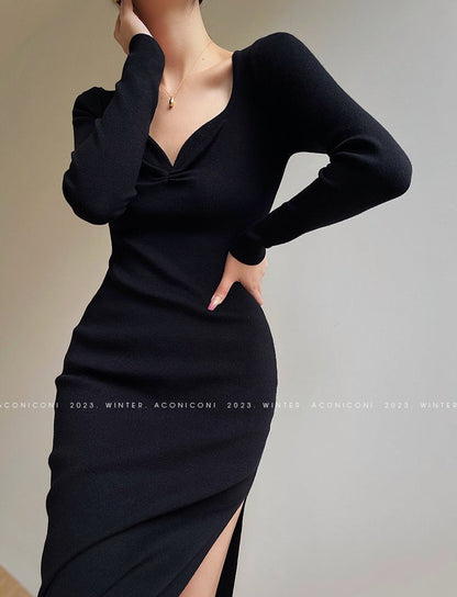 Aconiconi | Dark Night Rose Elegant Slim Fit Dress