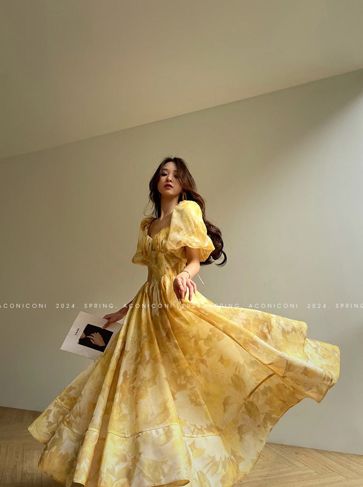 Aconiconi｜Midsummer Citron Puff Sleeve Elegant Dress