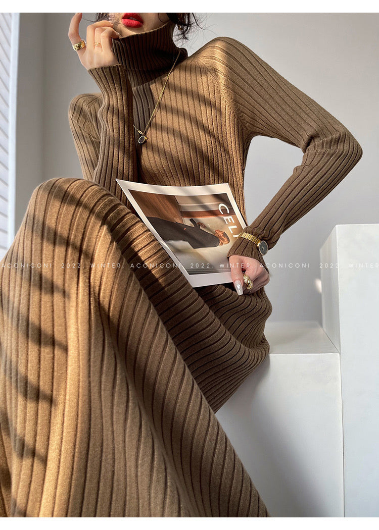 Aconiconi｜ Turtleneck and V-neck Knitted Long Slim Fit Dress