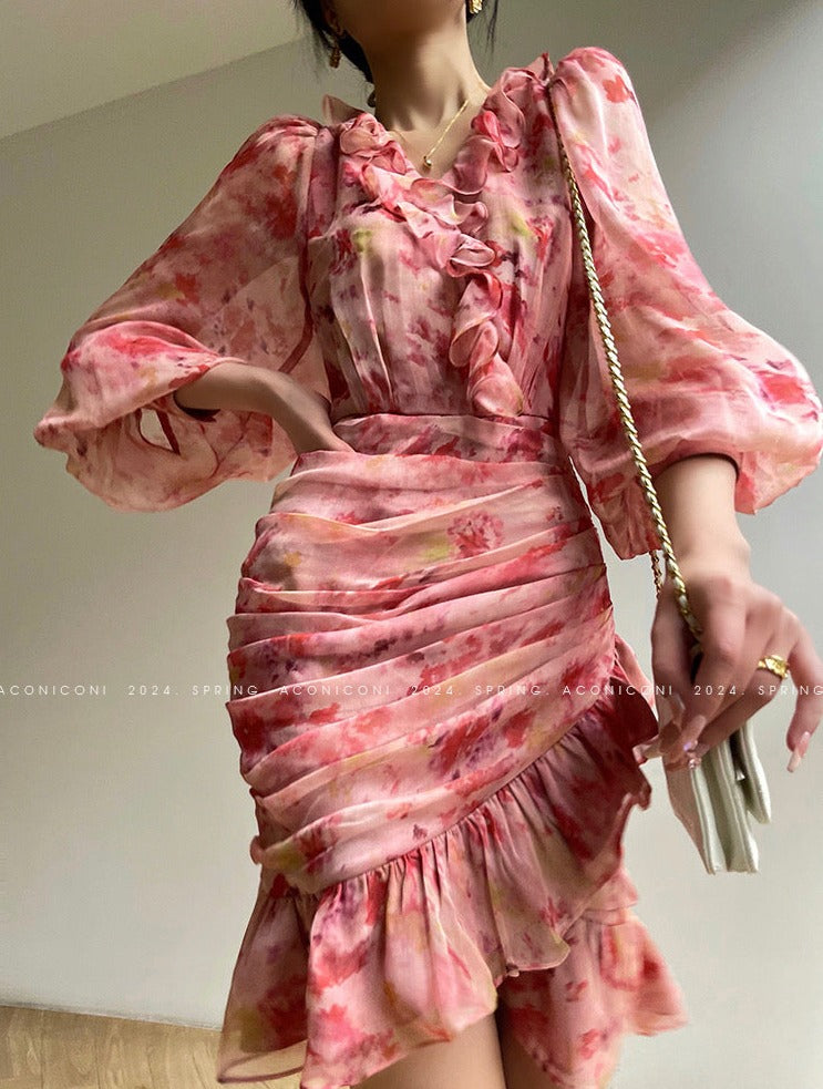 Aconiconi | Vivid Floral V-neck Ruffle Dress