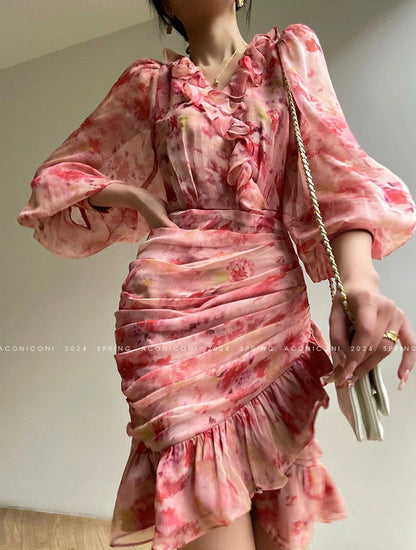 Aconiconi | Vivid Floral V-neck Ruffle Dress