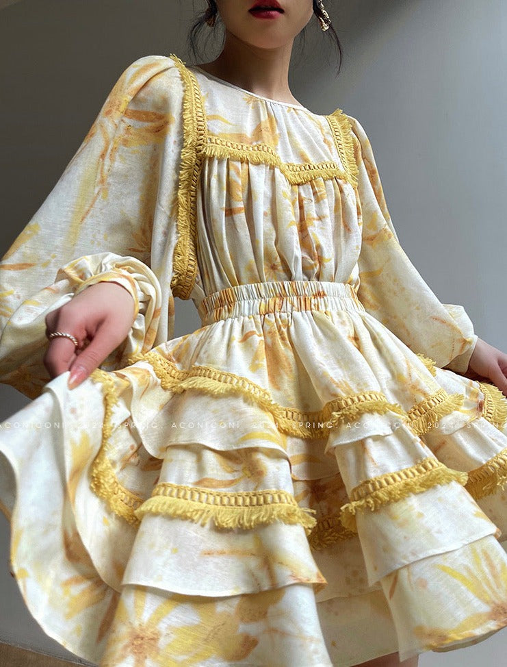 Aconiconi｜Mustard Flower ruffled skirt suit