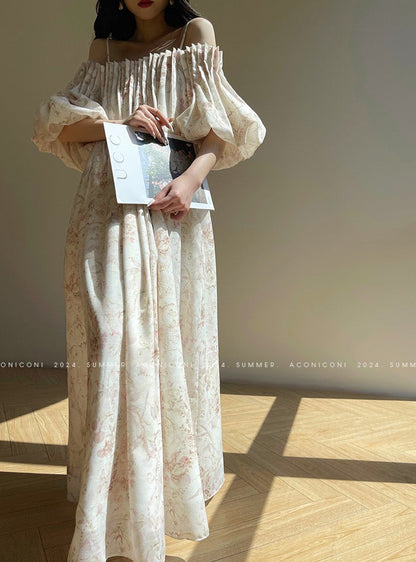 Aconiconi｜ French Retro Print Off-Shoulder Long Dress