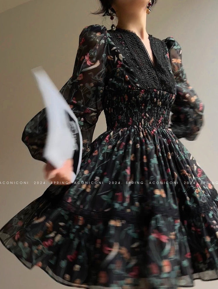 Aconiconi | Nighttime Rose French Retro Dress