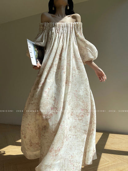 Aconiconi｜ French Retro Print Off-Shoulder Long Dress