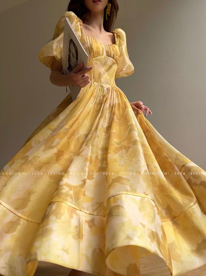Aconiconi｜Midsummer Citron Puff Sleeve Elegant Dress