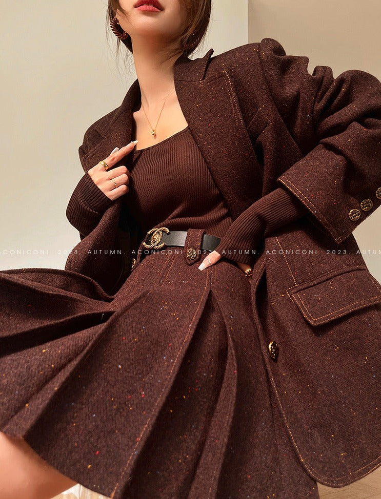 Aconiconi | Maillard Girl's French Temperament Blazer Pleated Skirt Suit