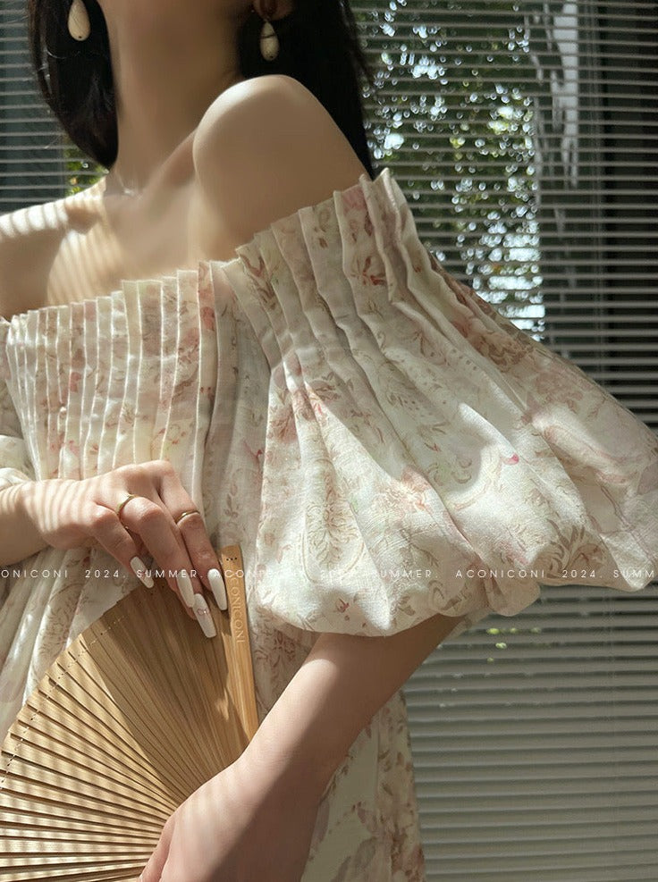 Aconiconi｜ French Retro Print Off-Shoulder Long Dress