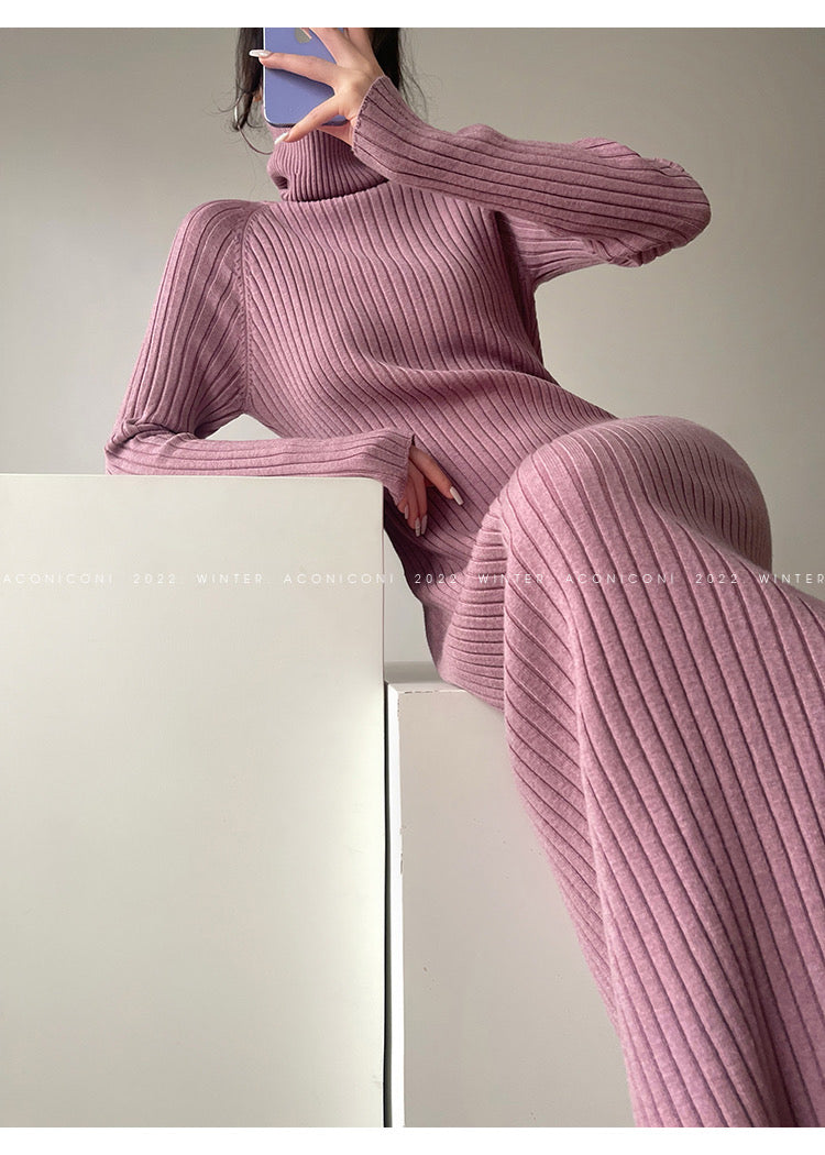 Aconiconi｜ Turtleneck and V-neck Knitted Long Slim Fit Dress