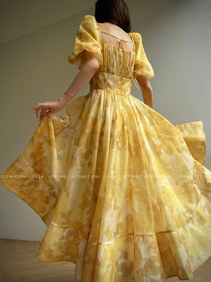 Aconiconi｜Midsummer Citron Puff Sleeve Elegant Dress