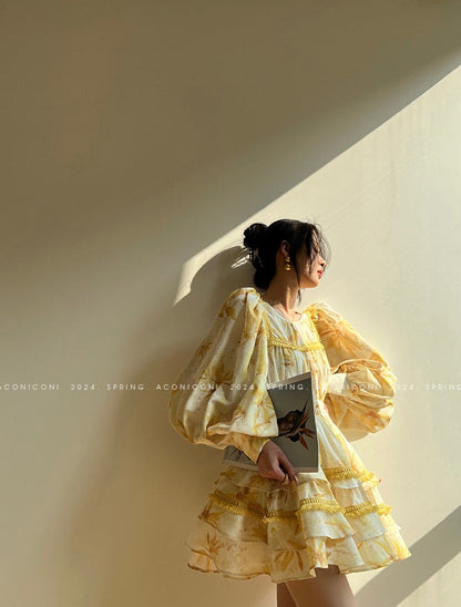 Aconiconi｜Mustard Flower ruffled skirt suit