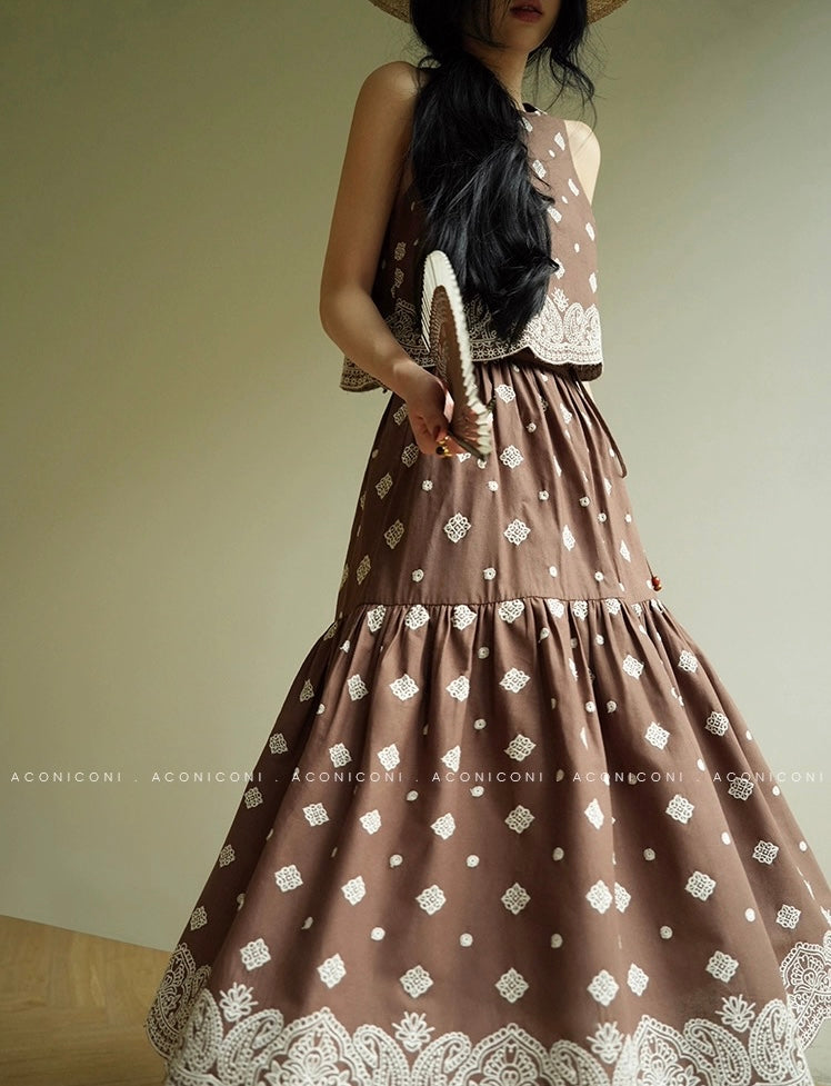 Aconiconi | Mocha Retro Embroidery Skirt Set