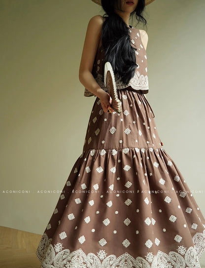 Aconiconi | Mocha Retro Embroidery Skirt Set