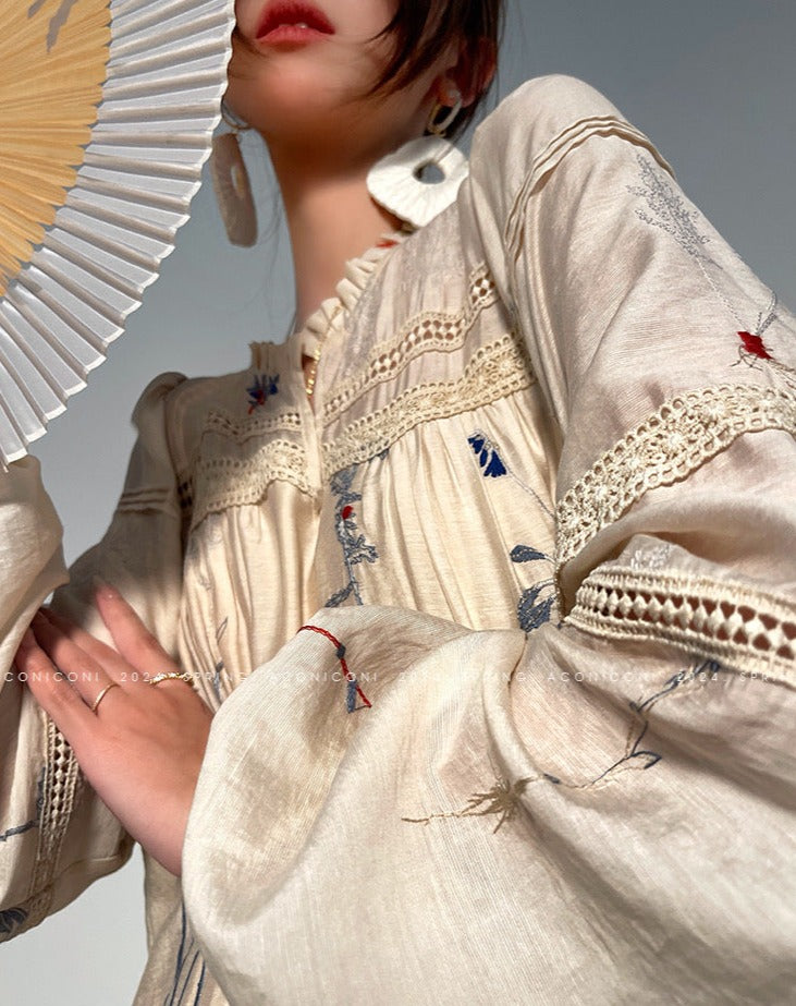 Aconiconi｜Blue Hibiscus  Embroidery Linen Dress