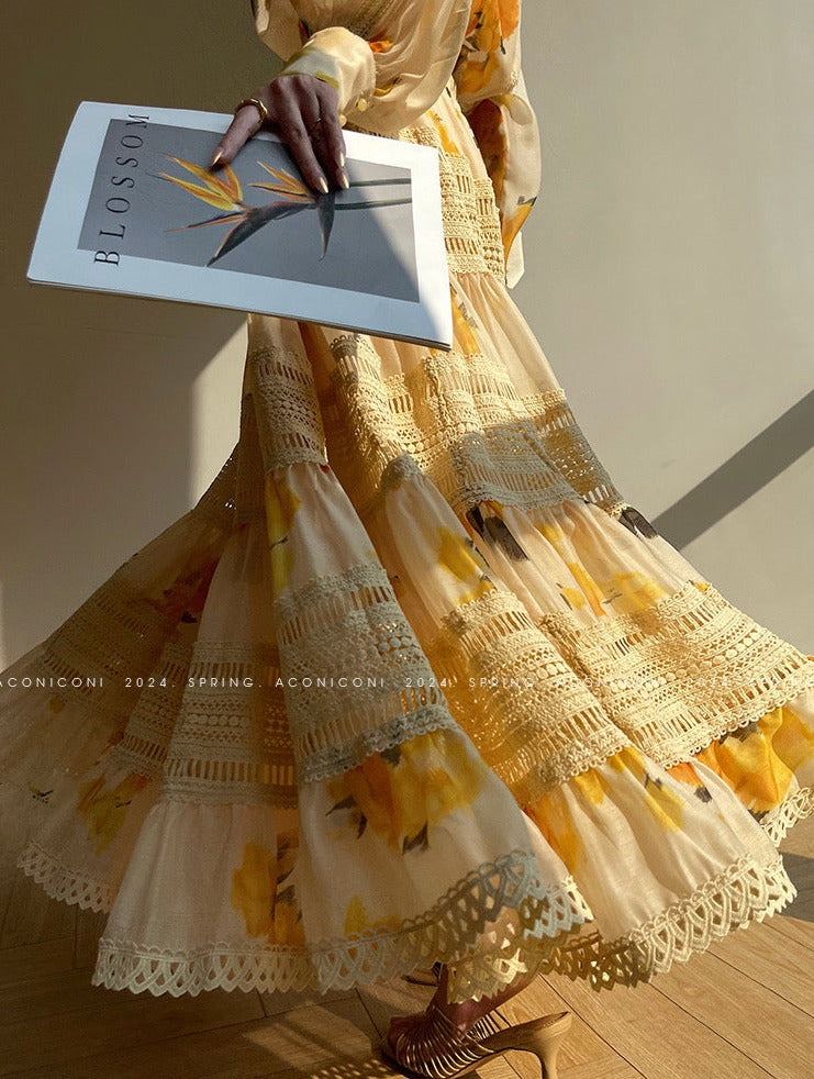 Aconiconi｜Lemon Blossom Printed Lace Skirt Suit