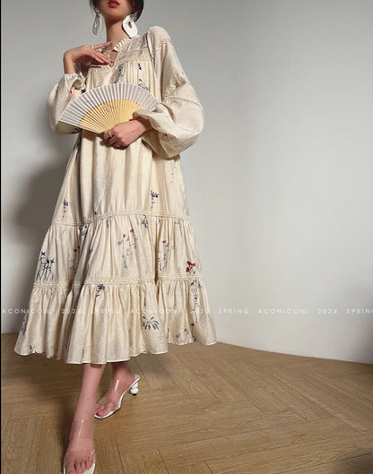 Aconiconi｜Blue Hibiscus  Embroidery Linen Dress