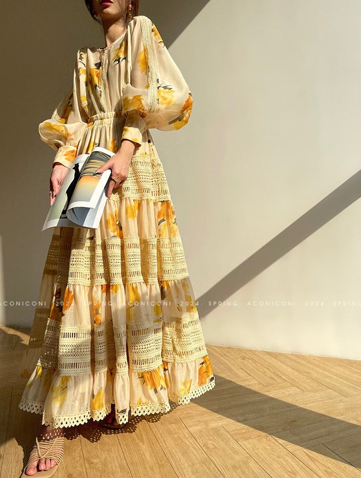 Aconiconi｜Lemon Blossom Printed Lace Skirt Suit