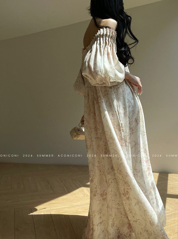 Aconiconi｜ French Retro Print Off-Shoulder Long Dress