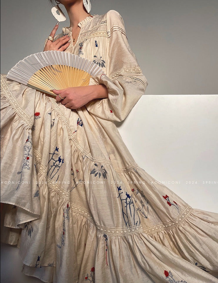 Aconiconi｜Blue Hibiscus  Embroidery Linen Dress