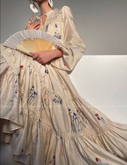 Aconiconi｜Blue Hibiscus  Embroidery Linen Dress