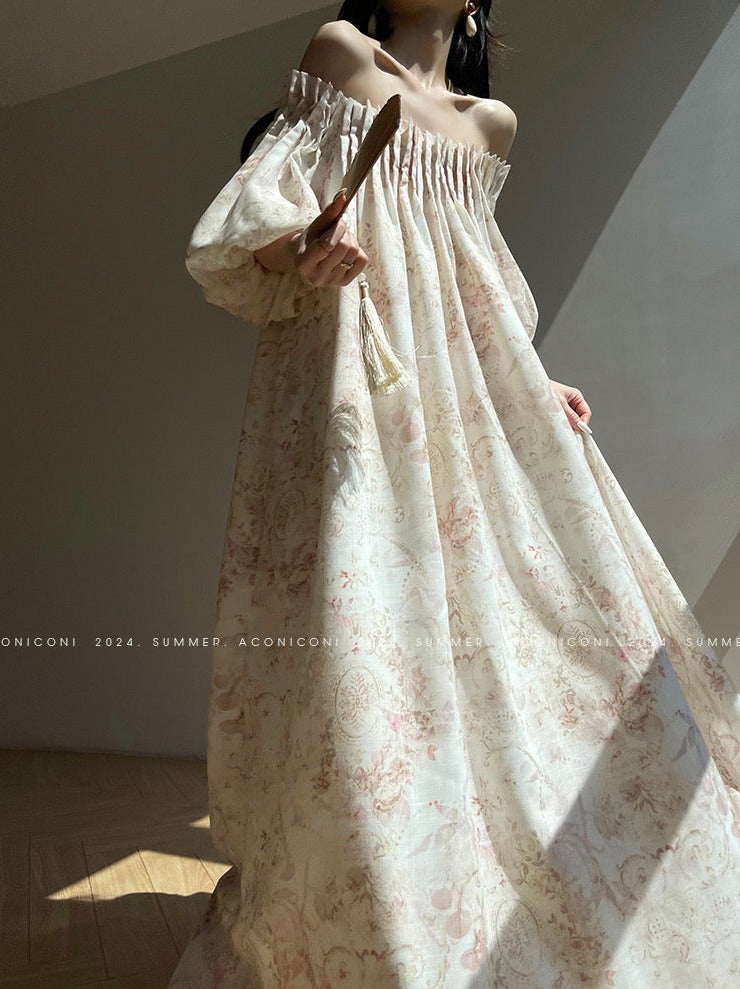 Aconiconi｜ French Retro Print Off-Shoulder Long Dress